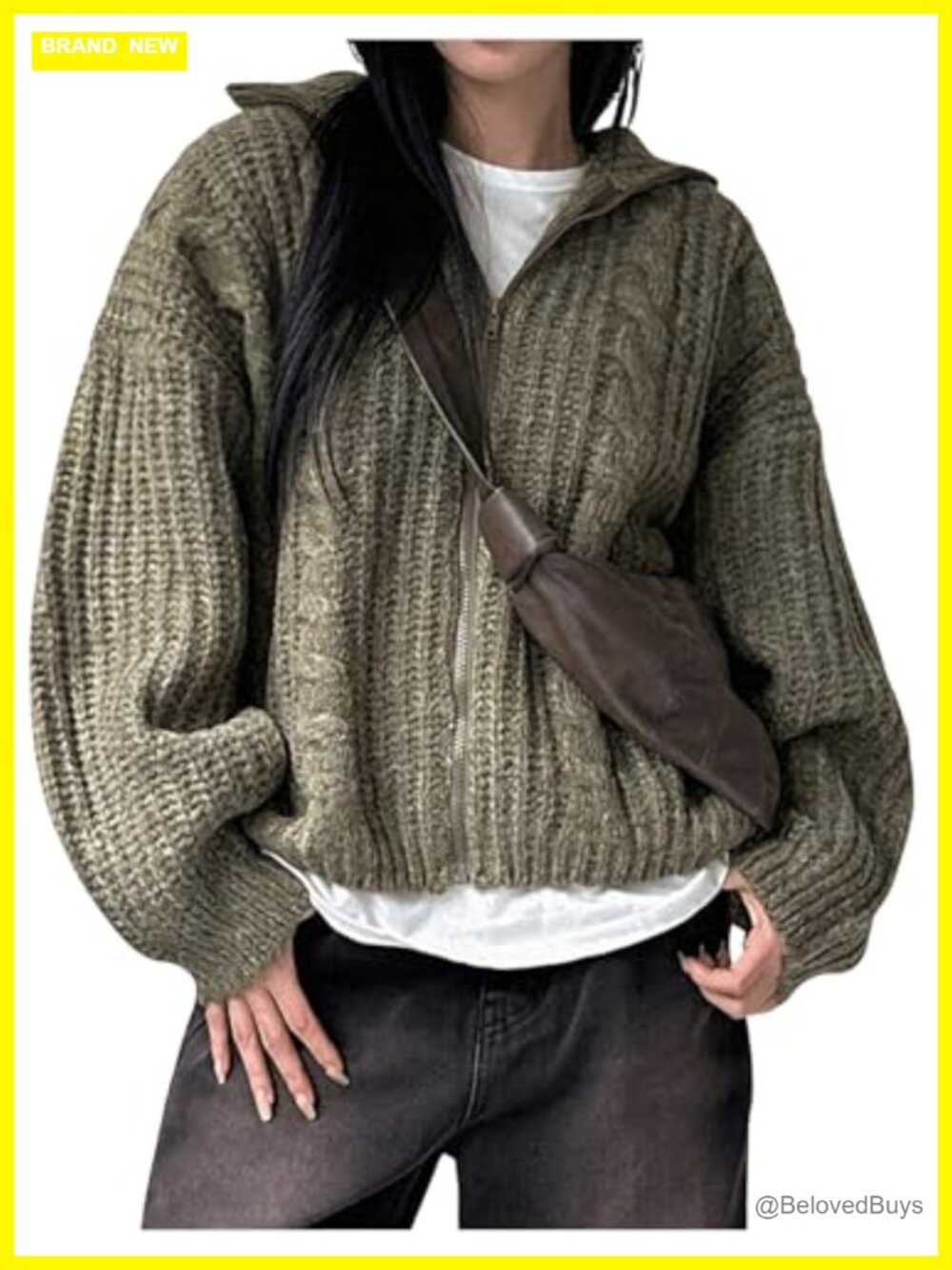 Women's Zip Up Cable Knit Cardigan Oversized Long Sleeve 100% Polyester